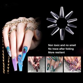 Nail Art Tips, 500 Piezas de Puntas de Uñas Largas Artificiales, Puntas de Extensión de Uñas Falsas Transparentes, Puntas de Uñas Usables, Kit de Diseños de Manicura DIY con Caja