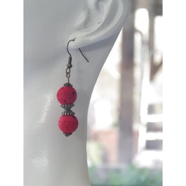 Red Lava Stone Bead and Antique Bronze Tibetan Bead Earrings