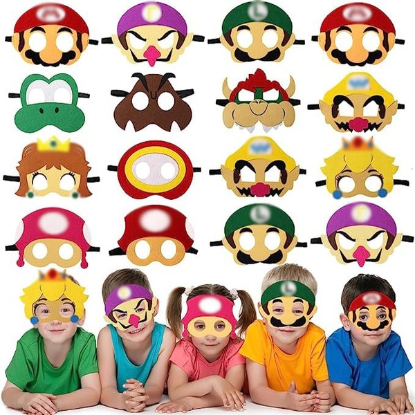 Beamely Mario Masks Party Bag Fillers for Kids, 16 Pcs Mario Felt Masks Costumes Toy Gift for Boys Girls, Cartoon Eye Mask Party Favors for Birthday Party Dress Up Cosplay Halloween Xmas