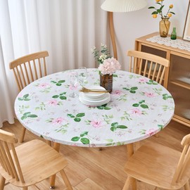 Mantel de vinilo redondo con bordes elásticos con respaldo de franela, impermeable, a prueba de aceite, cubierta de plástico ajustable de PVC (se adapta a mesas de hasta 40 a 44 pulgadas de diámetro)