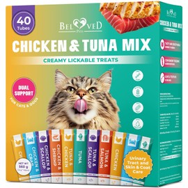 Creamy Lickable Cat Treats & Wet Food Squeeze Tubes – Liquid Kitten Snacks, Urinary Tract Care, Skin & Coat Health, Multivitamin Treats for Cats, & Small Dogs, Lick Up 40 Sticks Tuna + Chicken Mix