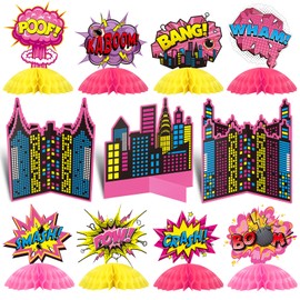 Funrous 11 Pieces Hero Party Decoration Hero Honeycomb Centerpieces 3D Table Topper Paper Large Word Centerpieces Fun Action Sign Standing Card for Birthday Baby Shower Decor Supplies (Pink)
