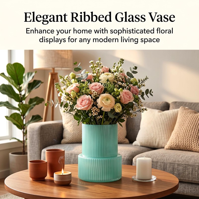 Green Ribbed Glass Vase, Modern Design Flower Vase