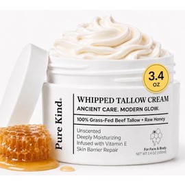 Whipped Tallow Cream with Raw Honey – 100% Grass-Fed Beef Tallow Moisturizer for Face & Body with Vitamins A, D, E & K – Deep Hydration for Dry & Sensitive Skin, Unscented 3.4 oz