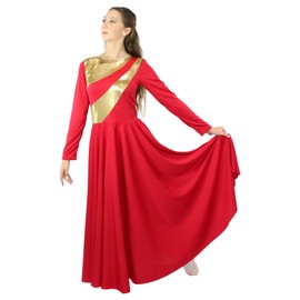 Danzcue Womens Metallic Praise Dance Dress, Metallic Bicolor Full Length Worship Dance Dress (Scarlet-Gold, 3XL)