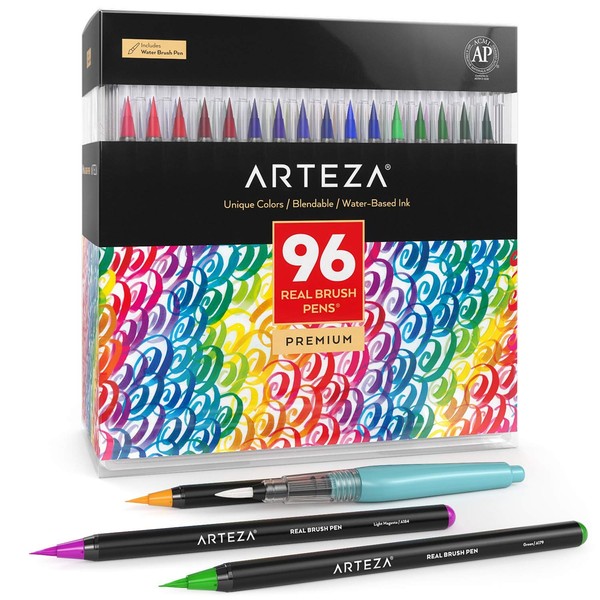 Arteza Real Brush Pens, 96 Paint Markers with Flexible Brush Tips, Professional Watercolor Pens for Painting, Drawing, Coloring with Water Brush, 100% Nontoxic