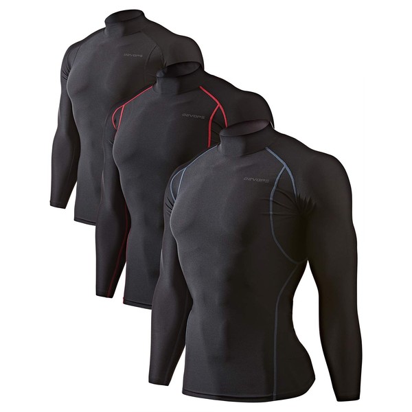 DEVOPS 3 Pack Men's Athletic Turtle Neck Long Sleeve Compression Shirts (Medium, Black/Black/Black)