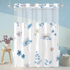 No Hook Shower Curtain and Liner Set, Blue Floral 71x77