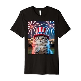 4th of July Cat Selfie Uncle Sam Hat Fireworks Funny Patriot Premium T-Shirt