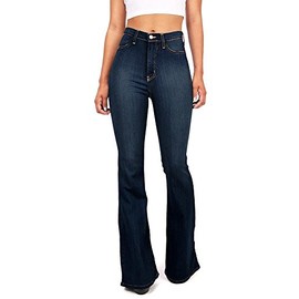 Vibrant Women's Juniors Bell Bottom High Waist Fitted Flare Leg Pants Denim Jeans EP522 Super Dark Denim 3