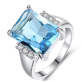 Lzz Vintage Fashion Lady 925 Silver Emerald Cut Blue Aquamarine Gemstone Ring with Diamond Ring Wedding Jewelry Size 5-11, US code 11, Zirconia,Gemstone,Silver, Cubic Zirconia