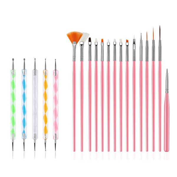 FULINJOY 20PCS Nail Art Design Tools, 15PCS Painting Brushes Set with 5PCS Dotting Pens