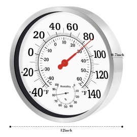 Outdoor Thermometer Large Numbers - 12Inch Outdoor Thermometers for Patio Waterproof, Wall Mounted Thermometer Hanging Thermometer Hygrometer with Stainless Steel Enclosure, No Battery Required