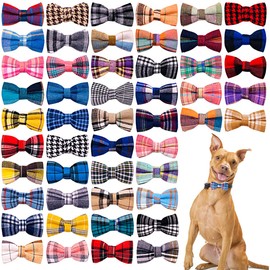 PET SHOW 50Pcs Plaided Large Dog Bow Ties Dog Bowties Doggies Bulk for Medium Big Pet Collar Attachment for Girl Boy Cat Kitten Summer Valentines Holiday Christmas Birthday Wedding Costumes