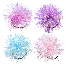 4Pcs Colorful Foil Strips Pom Pom Hair Ties Shiny Fluffy Ball Elastic Ponytail Holders Headbands Hair Rings Ropes Scrunchies Accessories