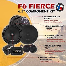 TORO TECH – F6K, 6.5 Inch Component Car Speaker Set - 200 Watt MAX / 100 Watts RMS, 13mm Ferro Fluid Tweeters, 4 Ohm, 1” KSV Voice Coils. Two Speakers, 2 Tweeters, 2 Crossovers, 2 Grills(Sold As Pair)