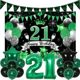 Fangleland 21st Birthday Decorations Black Green for Him Her, Happy 21st Birthday Bunting Banner Backdrop Balloons Number 21 Foil Balloons Twenty One Birthday Party Decorations Supplies for Men Women