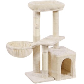 Topeakmart Cat Tree Tower for Indoor Cats, 34.5in Cute Cat Tree Activity Center with Condo & Scratching Post, Multi-Level Cat Climbing Tower Play House w/Large Perch, Platform, Basket, Beige