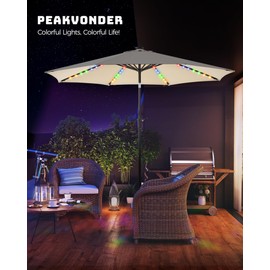 PEAKVONDER 9 ft Outdoor Patio Umbrella with Solar Lights - Large Heavy Duty Beach/Table/Pool/Deck/Market Umbrella, Dual Charging, Tilt, APP & Button Control, UV/Fade-Resistant, Beige HPU092W