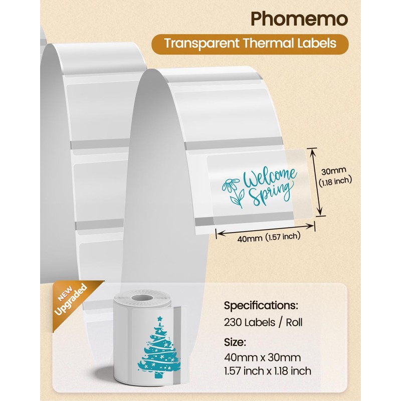 Phomemo M110 M120 M200 M220 M221 Transparent Labels, Rectangular Thermal