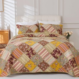 Cmfshape Vintage Quilt Sets Bedspread Set 100% Cotton Real Patchwork Bedding Set, All Season Use Lightweight Reversible Coverlet Quilts with 2 Pillow Shams(King 106"x96")