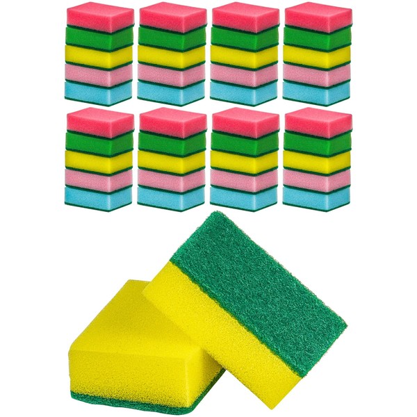 DecorRack 40 Cleaning Scrub Sponges for Kitchen, Dishes, Bathroom, Car Wash, One Scouring Scrubbing One Absorbent Side, Abrasive Scrubber Sponge Dish Pads, Heavy Duty, Assorted Colors (Pack of 40)