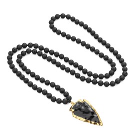 COAI Handmade 108 Mala Stone Beaded Necklace for Men, Black Obsidian Arrowhead Pendant Necklace 8mm Lava Necklace for Men 100cm