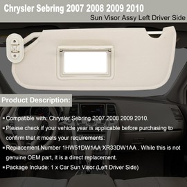 NHILES Driver Left Side Sun Visor Replacement Compatible with Chrysler Sebring 2007 2008 2009 2010 Convertible Sunshade Number 1HW51DW1AA XR33DW1AA