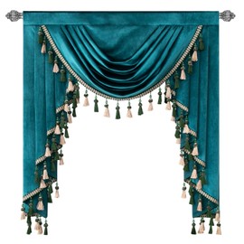 VOGOL Velvet Waterfall Valance with Tassels, Elegant Green Rod Pocket Curtains Drapery for Kitchen Window Living Room, 39 in Wide, 1 Panel