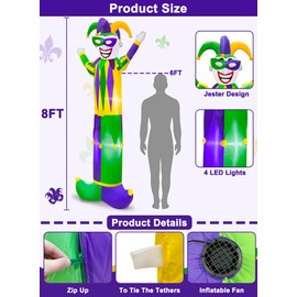 TURNMEON 8 Feet Large Mardi Gras Inflatable Outdoor Decorations Blow Up Jester Built-in LED Lights Mardi Gras Yard Decor for Lawn Garden Carnivals Party Holiday Decorations