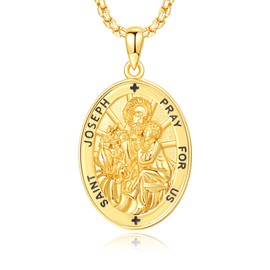DOTBJ St Joseph Medal Necklace Gold, Patron Saint of Fathers 925 Sterling Silver St. Joseph Pendant with Stainless Steel Chain 22"+2"