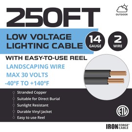 IRON FORGE CABLE 14/2 Low Voltage Wire - Landscape Electrical Wiring for Indoor Outdoor Lighting, Sprinkler, Landscaping Projects - 14 Gauge Wire - 250ft - Black