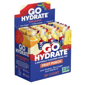 GoHydrate Instant Hydration Powder Packets - Low Sodium Electrolytes Drink Mix - Natural Hydration Support, Sugar Free Electrolyte Flavored Powder Drink with Vitamin D, 30 Packs, Fruit Punch