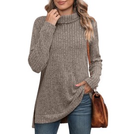 WIHOLL Tunic Tops for Women Loose Fit Turtleneck Fall Sweaters Long Sleeve Shirts Turtlenecks Side Split Coffee M