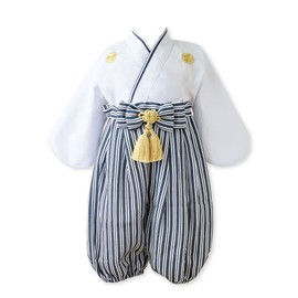 Regalo Baby Hakama, 2 Pieces, Boys, 27.6 - 35.4 inches (70 - 90 cm), Romper with Crest, Kimono, Formal, Baby, Shrine Visit, Centennial Holiday, First Eating, white a, 80