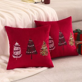 Tosleo Christmas Throw Pillow Cover 18 x 18 inch Set of 2 Red Christmas Tree Velvet Pillow case Christmas Party Decorations Embroidery Pillowcase Winter Holiday Cushion Case