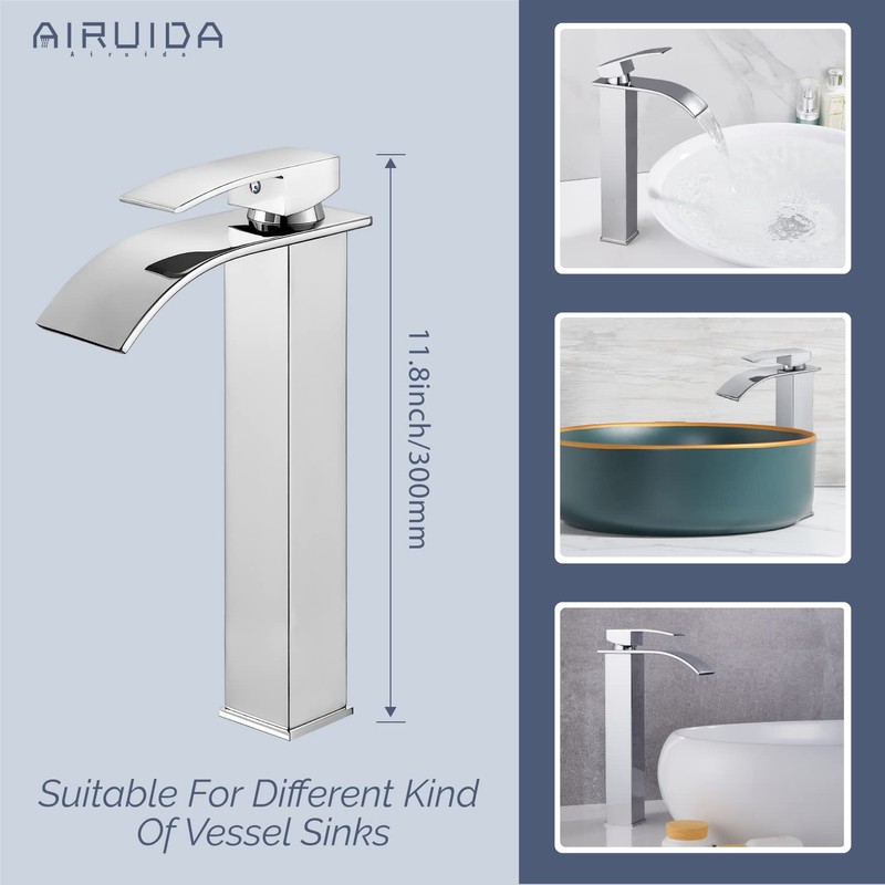 Airuida Tall Bathroom Vessel Faucet Chrome Polish Waterfall Bathroom Single