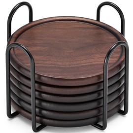 Wood Coasters with Metal Holder, GOH DODD Set of 6 Wooden Coaster Set for Drinks Desk Coffee Table Home Kitchen Office Bar, Tabletop Protection Living Room Decor, Walnut Coasters, 4 Inch