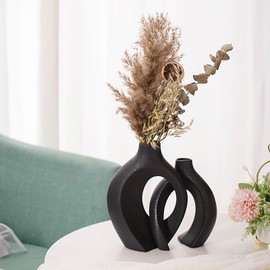 Liotww Black Vases Home Decor Set of 2, Ceramic Black Small Flower Vase, Minimalist Boho Decorative Modern Donut Vase for Farmhouse Living Dining Room Office Entryway Bookshelf Coffee Table Décor