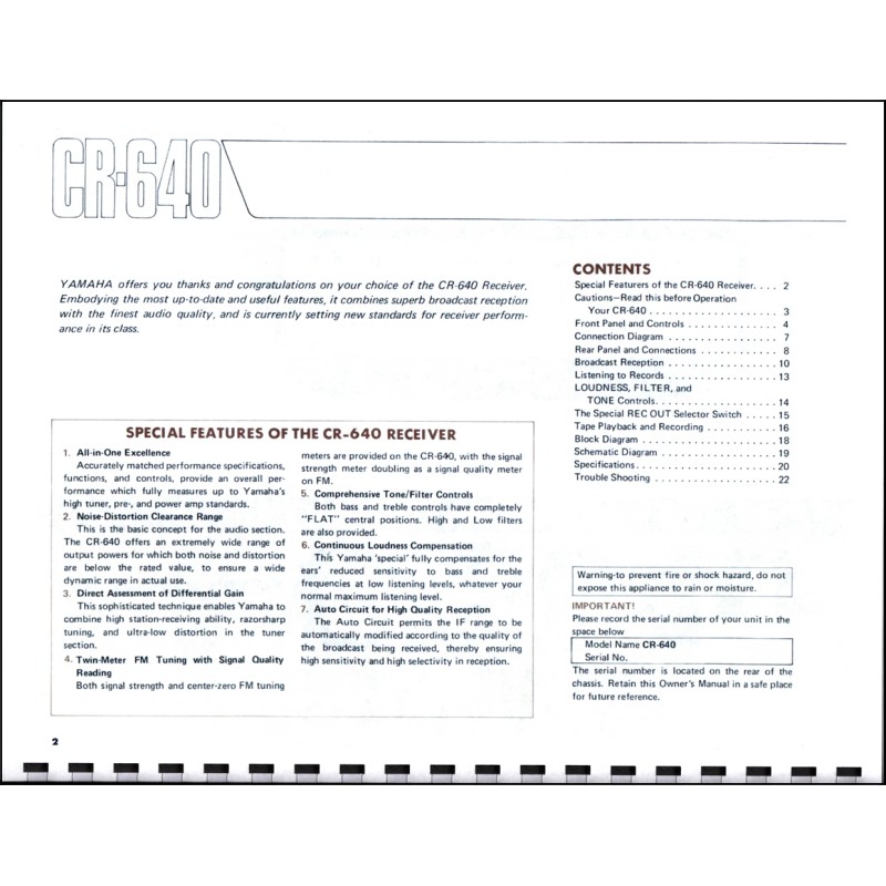 Yamaha CR-640 Stereo Receiver Owners Manual