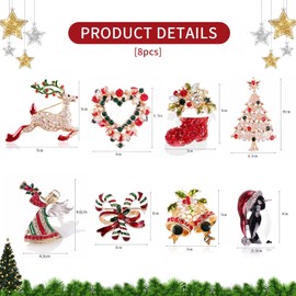 GLAITC Christmas Brooch Pin Set of 8 Christmas Rhinestone Brooches Christmas Brooch Christmas Stocking Reindeer Angel Christmas Tree Christmas Pins for Christmas Decoration Gift for Women