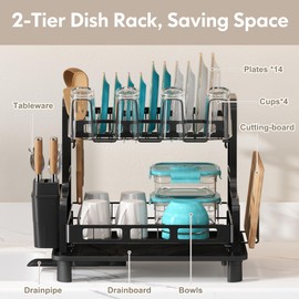 BOOSINY Dish Drying Rack, 2 Tier Large Stainless Steel Black Dish Rack with Drainboard Set for Kitchen Counter, Space Saving Plates Drainer Rack with Cups Holder & Utensil Holder, Dish Strainer Holder