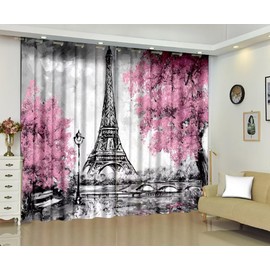 kxry Pink Paris Blackout Curtains for Bedroom Living Room Eiffel Tower Flower French Style Darkening Grommet Curtain 84 Inches Long Window Drapes Treatment Room Decor,2 Panels Set, 52''W x 84''L