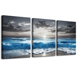 TTHYUEWS Black And White Beach Pictures Large Wall Decor For Living Room Canvas Wall Art For Bedroom Modern Office Decorations Blue Sea Wave Ocean Paintings Artworks Canvas Art Home Decor 3 Pieces