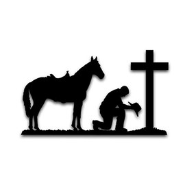 Cowboy Praying at Cross Horse Vinyl Decal Sticker | Cars Trucks Vans SUVs Walls Cups Laptops | 5.5 Inch Decal | Black | KCD2983B