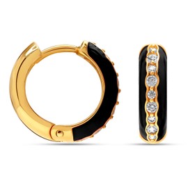 LeCalla 925 Sterling Silver Hoop Earrings | 14K Gold Plated Black Enamel Huggie Hoops | Dual-Tone SMALL Zirconia Earring for Teens 15 MM