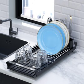 TOOCA BEAR Dish Drying Rack - Small and Efficient Stainless Steels Adjustable Dish Rack with Silicone Drying Tray for Kitchen Counter - Space-Saving Design,Grey