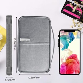 Cartera para Pasaporte de Viaje - Funda Pasaporte Organizador Bolsa Multifuncional para Almacenamiento de Documentos de Viaje con Cremallera Impermeable Unisex para Familiar de Gran Capacidad（Gris）