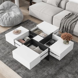 Royard Oaktree Square Coffee Table with 4 Hidden Storage Compartments Modern Center Table with Extendable Sliding Tabletop High-Gloss Wood Accent Table for Living Room Home Office, White