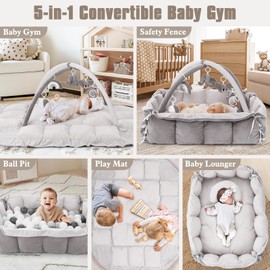 5-in-1 Plush Baby Play Gym, Baby Play Mats, Convertible Baby Gym with Pillow, Tummy time mat, Baby&Ped Bed, 6 Sensory Toys, Rectangle Light Grey